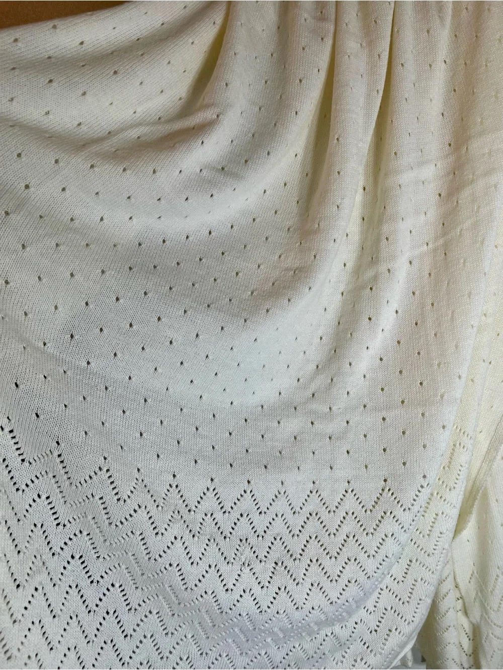 Cream Ivory Open Knit Throw Blanket with Chevron Border